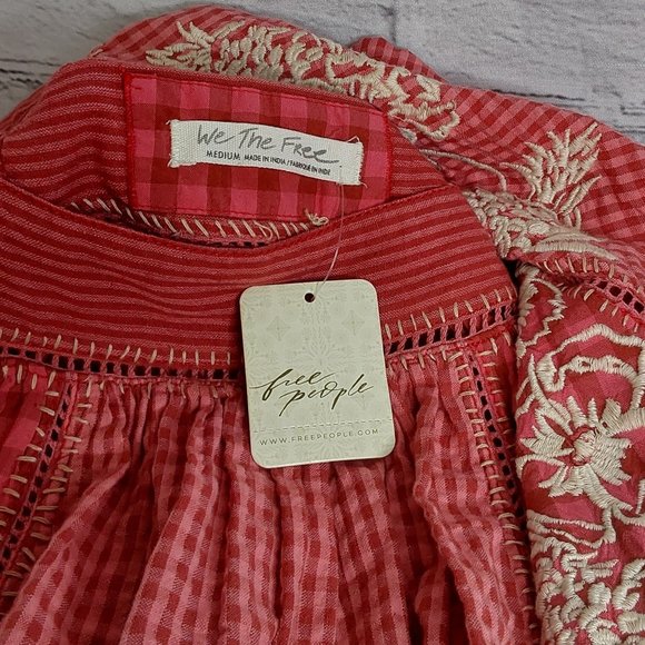 'FREE PEOPLE' 'BEĹĹA' EMBROIDED SQUARE-NECK PEASANT TOP FLUTTER-SLEEVE GINGHAM - Picture 7 of 16